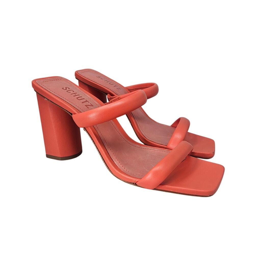 Schutz 7 Ully Coral Orange Leather Heel Slide Sandal Preppy Coastal Square Toe